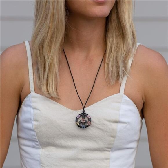 Adjustable Peace Sign Pendant Necklace with Organic Wood - Hippie Accessories - Picture 3 of 7